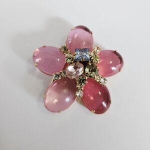 Vintage Pink Jelly Belly Cabochon Prong Set Green Rhinestone Floral Brooch Pin